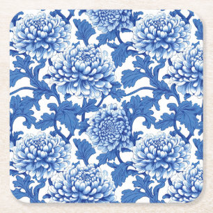 Blaue und Weiße Pfingstrose Chinoiserie Blumen Rechteckiger Pappuntersetzer