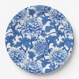 Blaue und weiße Pfingstrose Chinoiserie Blumenmust Pappteller