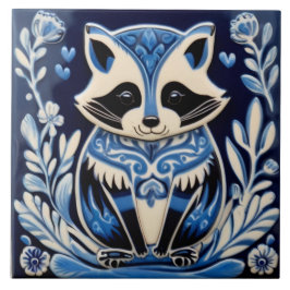 Blaue und weiße Raccoon Folklore Fliese