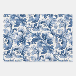 Blaue und weiße Renaissance Acanthus Damask Geschenkpapier Set