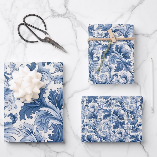 Blaue und weiße Renaissance Acanthus Damask Geschenkpapier Set (Vorderseite)