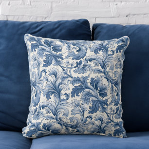 Blaue und weiße Renaissance-Akanthus-Damaske Kissen