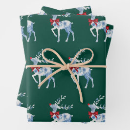 Blaue und weiße Rentierwackelblätter Geschenkpapier Set