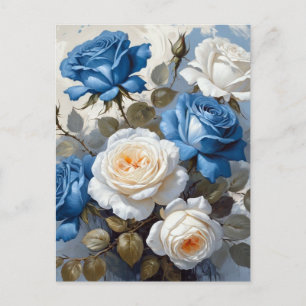 Blaue und weiße Rosen Blumenprint Postkarte