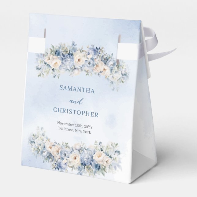 Blaue und weiße Rosen Grüne Hochzeit Geschenkschachtel (Rückseite)