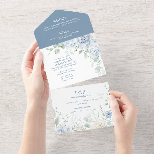 Blaue und weiße Rosen, Hochzeitseinladung von Peon All In One Einladung (Abreißen)