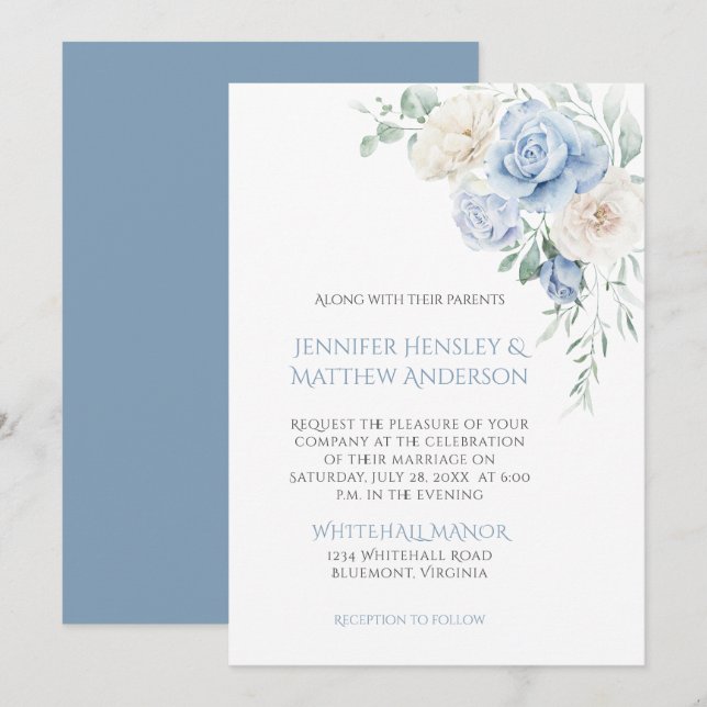 Blaue und weiße Rosen, Hochzeitseinladung von Peon Einladung (Vorne/Hinten)