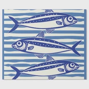 Blaue und weiße Sardinen Streifen Geschenkpapier