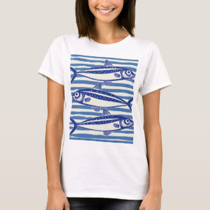 Blaue und weiße Sardinen Streifen T-Shirt
