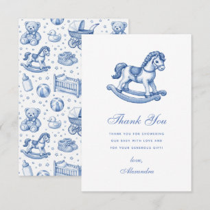 Blaue und Weiße Schaukelpferd Baby Jungen Dusche Dankeskarte