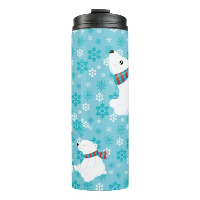 BLAUE UND WEISSE SCHNEEBEREICHE MIT ÄHNLICHER BÄRE THERMOSBECHER (Vorderseite)