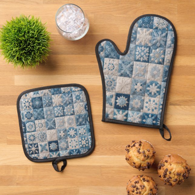 Blaue und weiße Schneeflocke Ofenhandschuh & Topflappen-Set (Oben Unten)