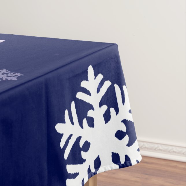 Blaue und weiße Schneeflocken auf dunkelblauem Bod Tischdecke (Beispiel)