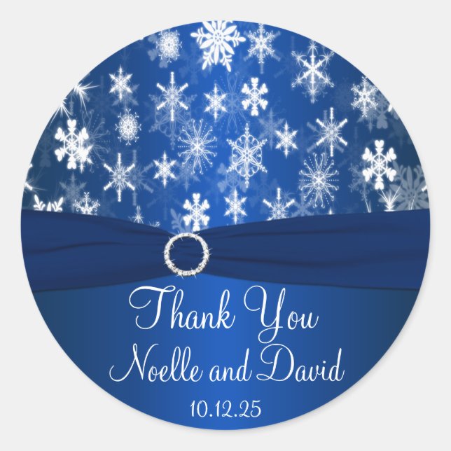 Blaue und weiße Schneeflocken Hochzeitsticker Runder Aufkleber (Vorderseite)