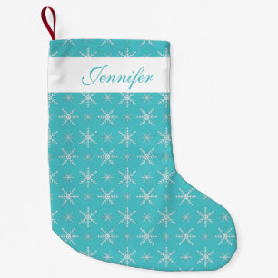 Blaue und weiße Schneeflocken mit individuellem Na Kleiner Weihnachtsstrumpf