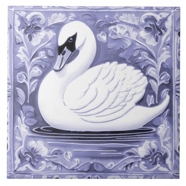 Blaue und weiße Schwäne Europäische Vogelkunst Fliese (Vorderseite)