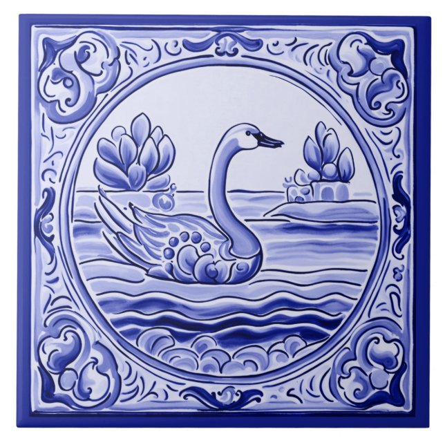 Blaue und weiße Schwäne Goose Mediterranes Folklor Fliese (Vorderseite)