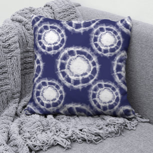 Blaue und weiße Shibori-Kreismuster Kissen