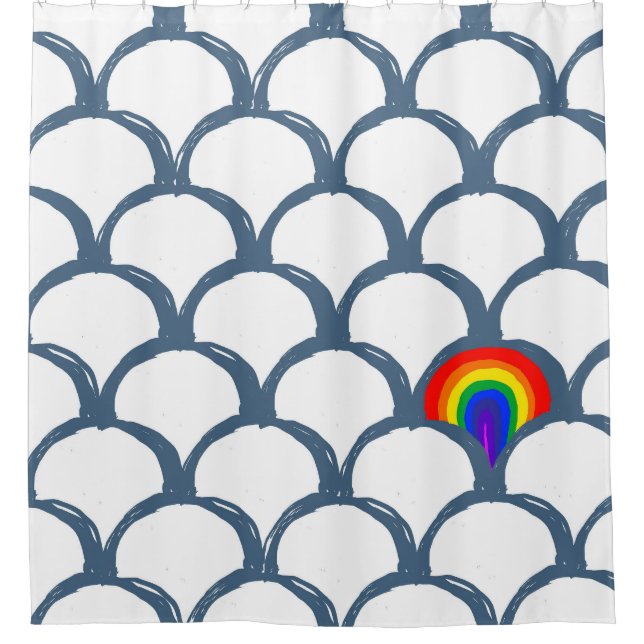 Blaue und weiße Skizze Scallop Muster & Regenbogen Duschvorhang (Vorderseite)