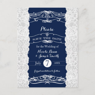 Blaue und weiße Spitze Elegante Hochzeit Merken Si Ankündigungspostkarte