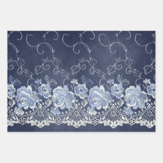Blaue und weiße Spitzen Geschenkpapier Set