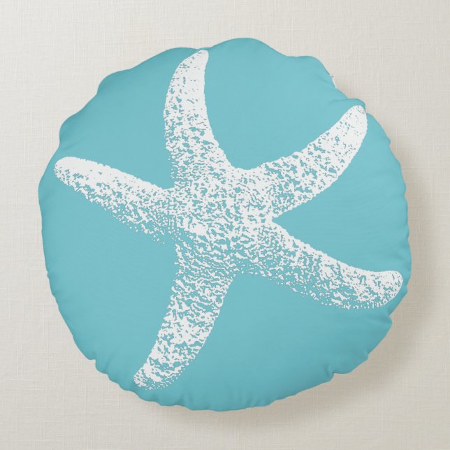 Blaue und weiße Starfish-rundes Kissen (Rückseite)