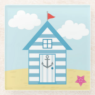 Blaue und weiße Strandhütte Glasuntersetzer