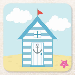 Blaue und weiße Strandhütte Rechteckiger Pappuntersetzer