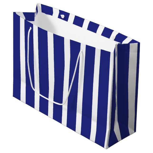 Blaue und weiße Streifen Große Geschenktüte (Vorderseite Schrägansicht)