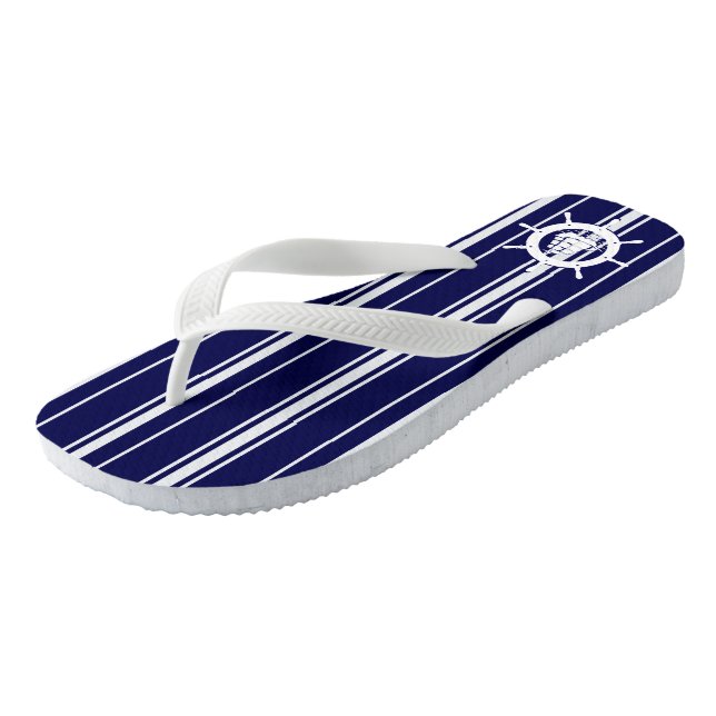 Blaue und weiße Streifen mit dem Wasserrad 2 Flip Flops (Schrägansicht)