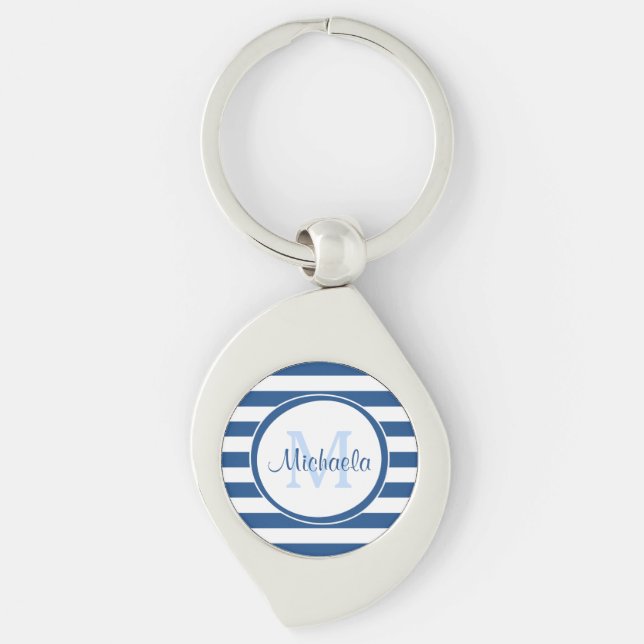 Blaue und weiße Streifen mit Girl-Monogramm Schlüsselanhänger (Vorderseite)