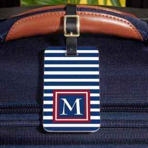 Blaue und weiße Streifen mit rotem Monogramm Gepäckanhänger