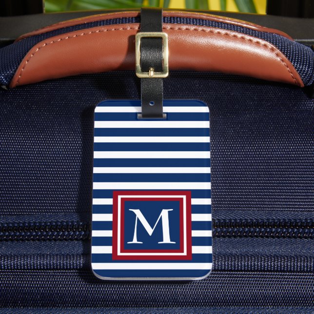 Blaue und weiße Streifen mit rotem Monogramm Gepäckanhänger (Vorderseite Insitu 2)