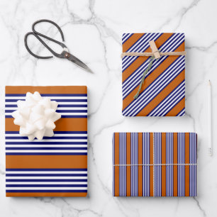 Blaue und weiße Streifen mit verbrannter Orange Geschenkpapier Set