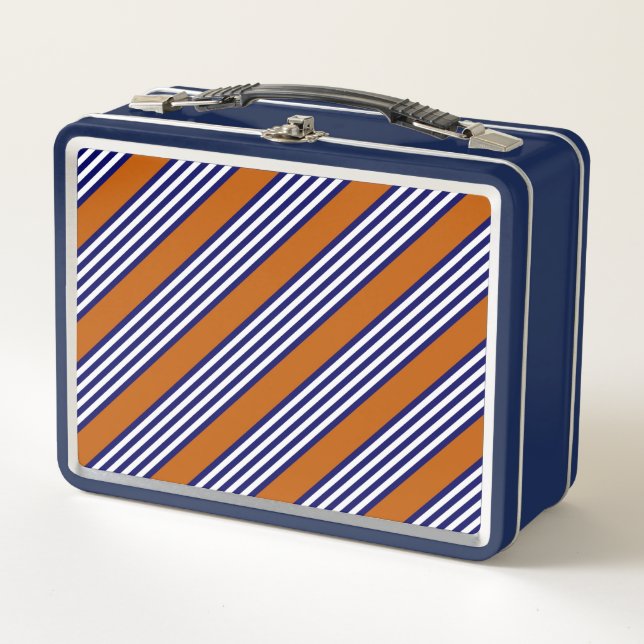 Blaue und weiße Streifen mit verbrannter Orange Metall Brotdose (Vorderseite)