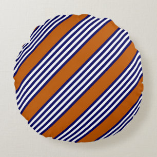 Blaue und weiße Streifen mit verbrannter Orange Rundes Kissen