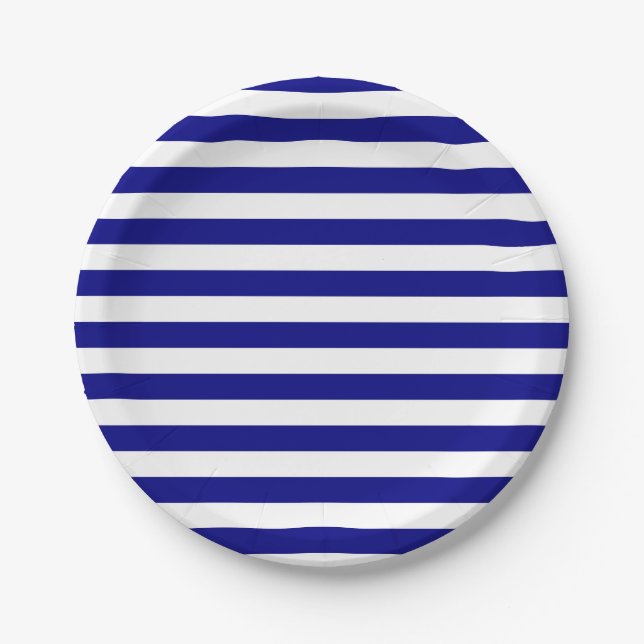 Blaue und weiße Streifen Pappteller (Vorderseite)