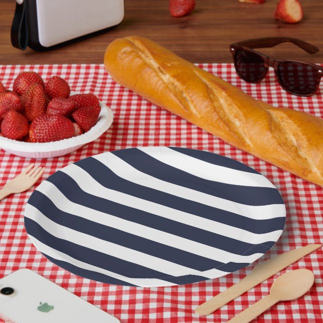 Blaue und weiße Streifen Pappteller (Picknick)