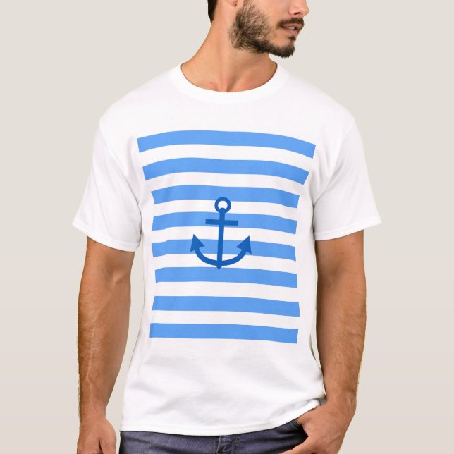 Blaue und weiße Streifenmuster mit Ankern T-Shirt (Vorderseite)