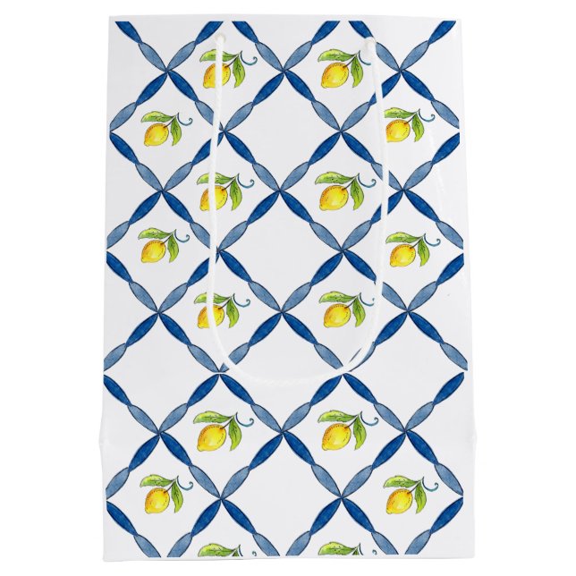 Blaue und weiße Tile mit Zitronen Mittlere Geschenktüte (Rückseite)
