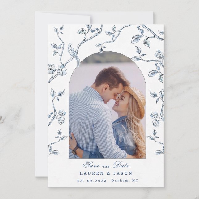 Blaue und weiße Toilpaare - Foto Save the Date Einladung (Vorderseite)