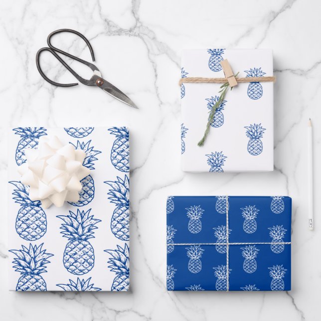 Blaue und weiße tropische Ananas Geschenkpapier Set (Vorderseite)