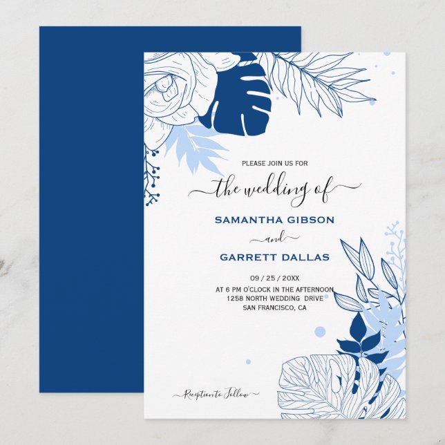 Blaue und weiße tropische Blätter Hochzeit Einladung (Vorne/Hinten)