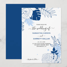 Blaue und weiße tropische Blätter Hochzeit Einladung