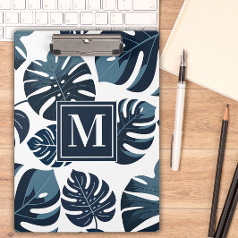 Blaue und weiße tropische Monstera Leaf Klemmbrett