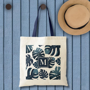 Blaue und weiße tropische Monstera Leaf Tragetasche