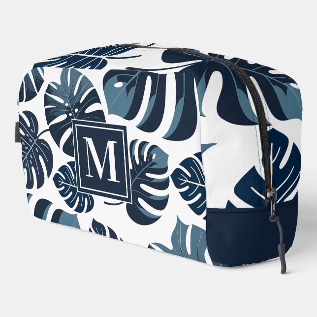 Blaue und weiße tropische Monstera Leaf Waschbeutel (Rechte Ecke)
