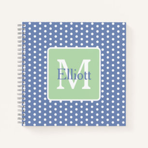 Blaue und weiße Tupfen mit grünem Monogramm Notizbuch