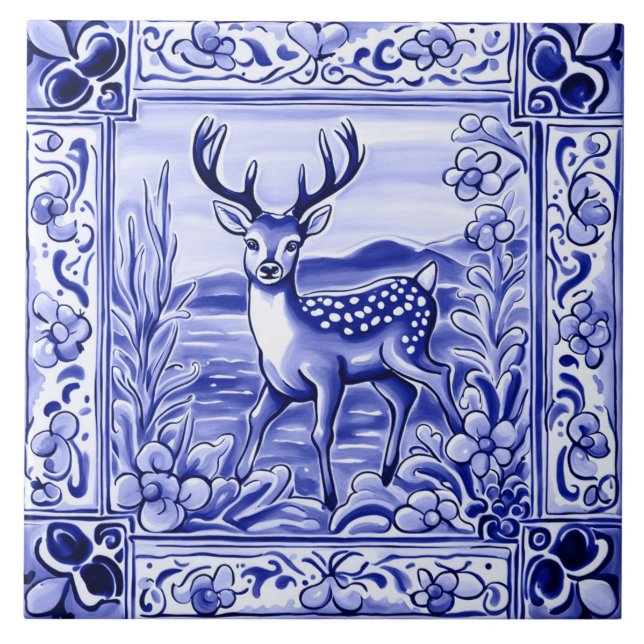 Blaue und weiße Wälder Hirsche Tierart Fliese (Vorderseite)