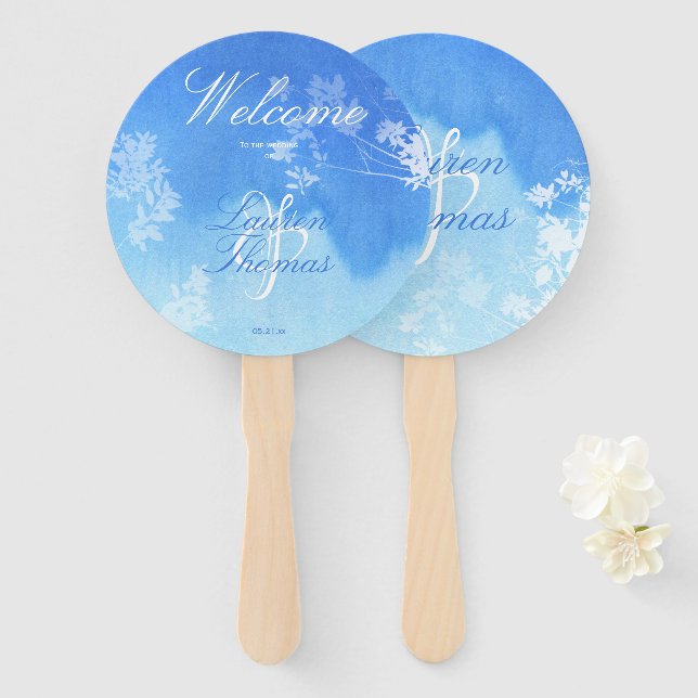 Blaue und weiße Wasserfarbe Delikate Foliate Fächer (Vorne und Hinten)